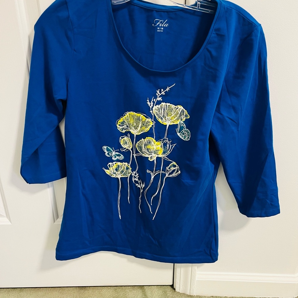 Fila Women's 3/4 Sleeve Top in Blue with Yellow Floral Design